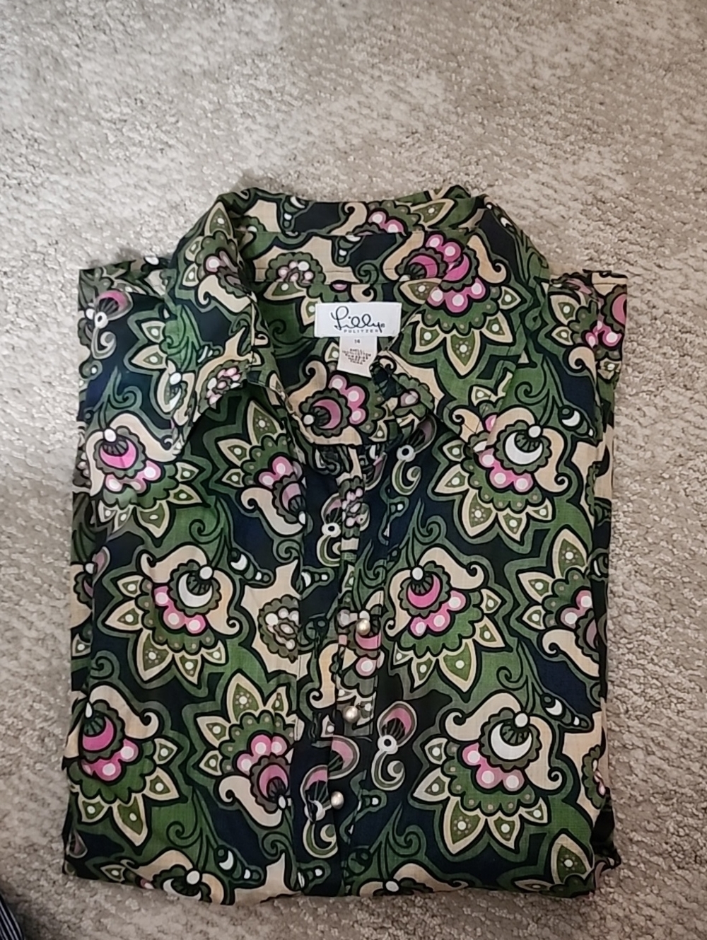 Lilly Pulitzer White Label Floral Print 3 Button Long Sleeve Top Green Pink Navy